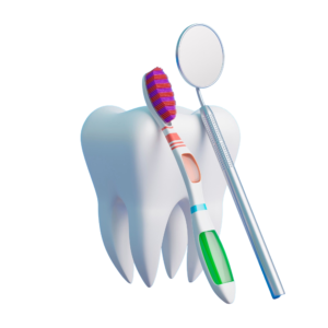 3D illustration of a tooth with a toothbrush and dental mirror, symbolizing oral hygiene practices for recovery after illness or surgery.